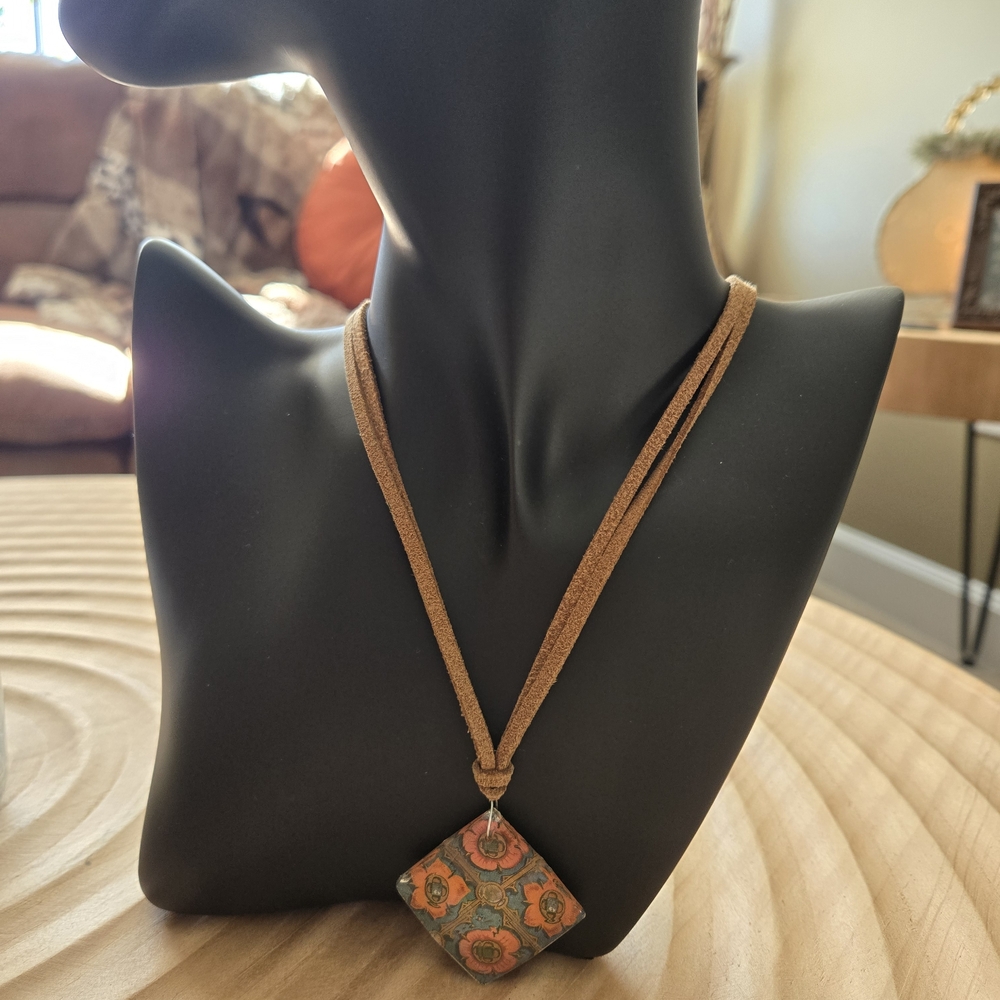 Vintage Liz Claiborne Bohemian Brown Suede Necklace With Floral Pendant